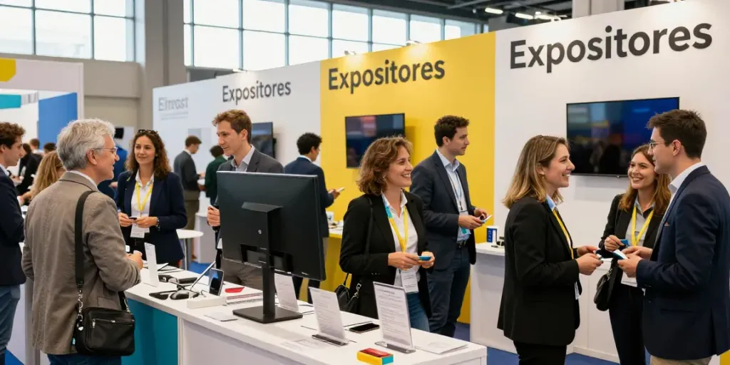 Expositores at a bustling conference showcasing diverse products and networking opportunities.