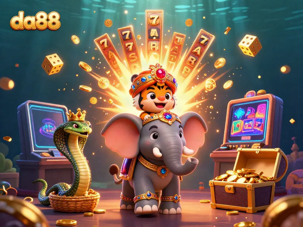 Engage with top slot offerings at da88 with an enchanting 3D casino illustration bursting with thrilling game elements.