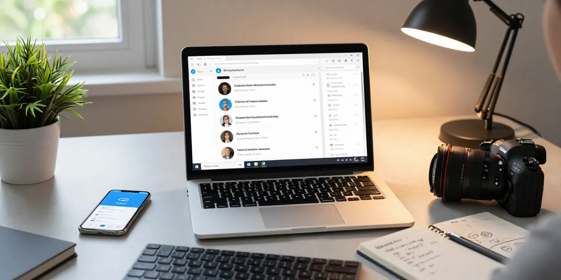 Engaged user accessing Telegram Web from a modern home office setting with laptop, smartphone, and stylish decor.