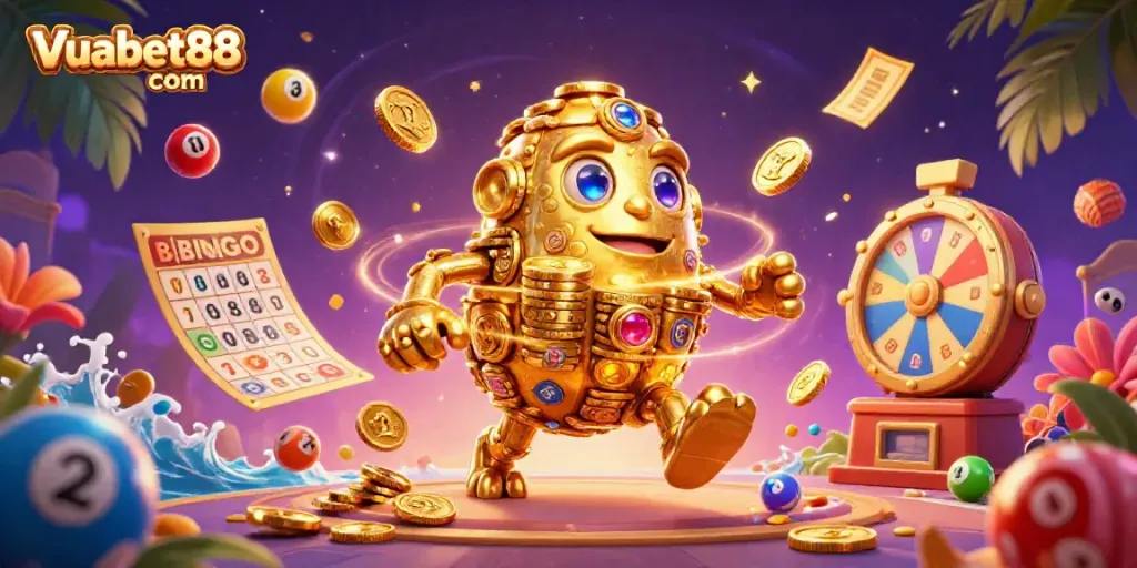 Engage in thrilling gameplay with Vuabet88 com, featuring a vibrant golden golem amidst colorful lottery elements.