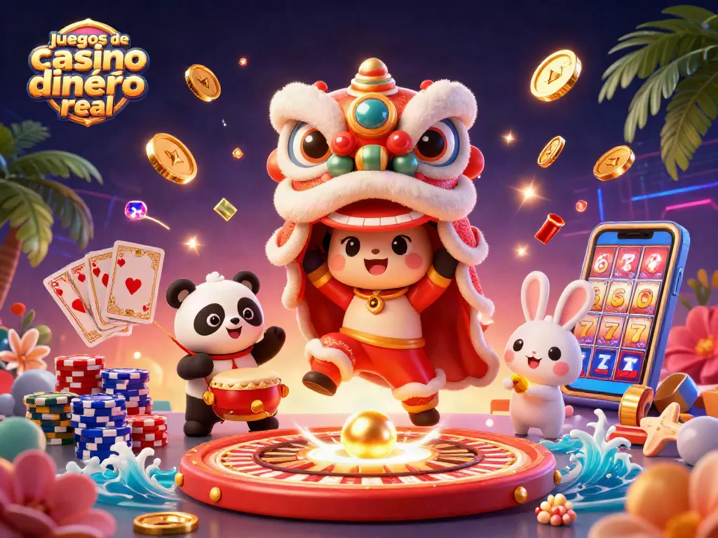 Disfruta de juegos de casino dinero real con esta divertida escena de un león de danza de Año Nuevo Chino y otros personajes.