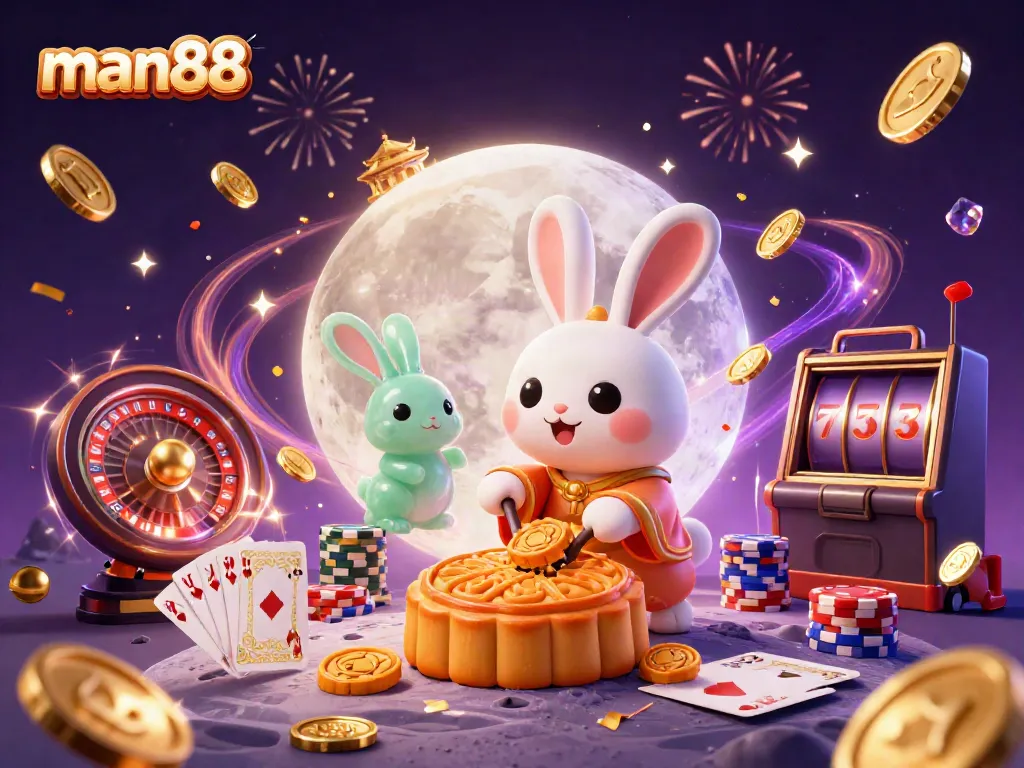 Experience the excitement of man88 with a vibrant 3D illustration featuring a moon rabbit interacting with casino elements.