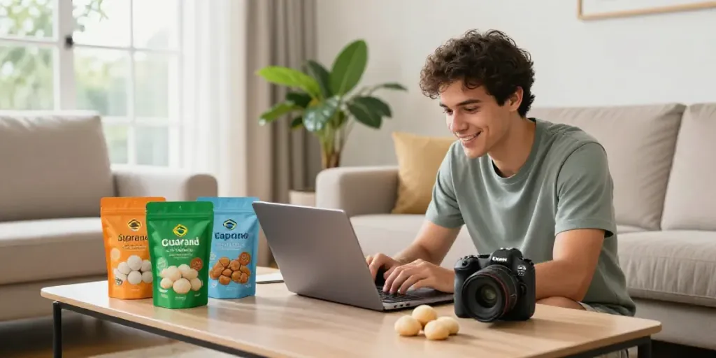 Hombre buscando productos brasileños en su computadora portátil en una sala luminosa.
