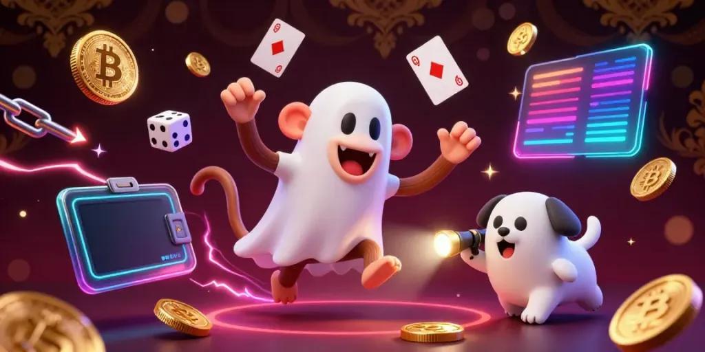 Engage with bet168 game action in a vibrant casino scene featuring a mischievous monkey and a ghost-hunter puppy.
