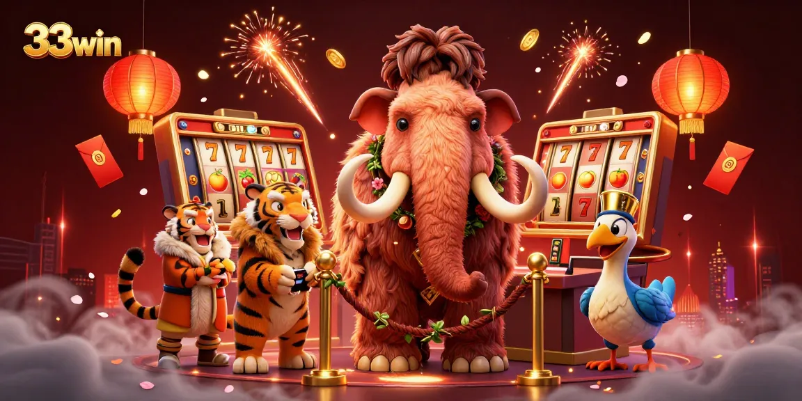 Engage with vibrant 33win casino atmosphere featuring a woolly mammoth bouncer and exciting slot games.