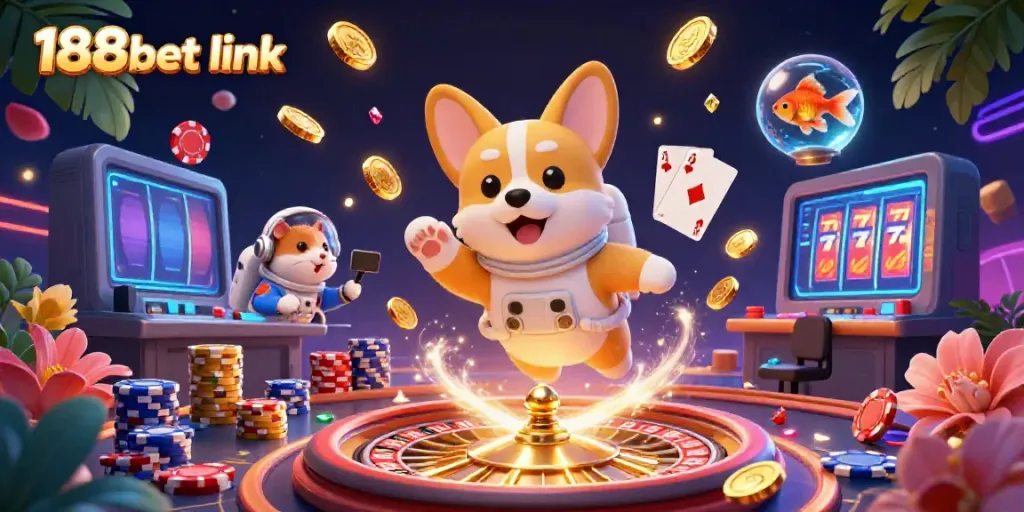 Experience the excitement of the 188bet link casino journey with colorful character illustrations.
