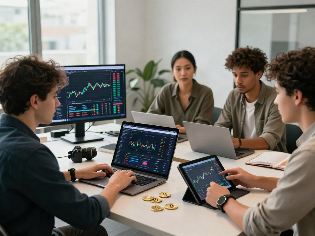 Un grupo diverso de personas comprando BTC y analizando tendencias del mercado en un espacio de trabajo moderno.