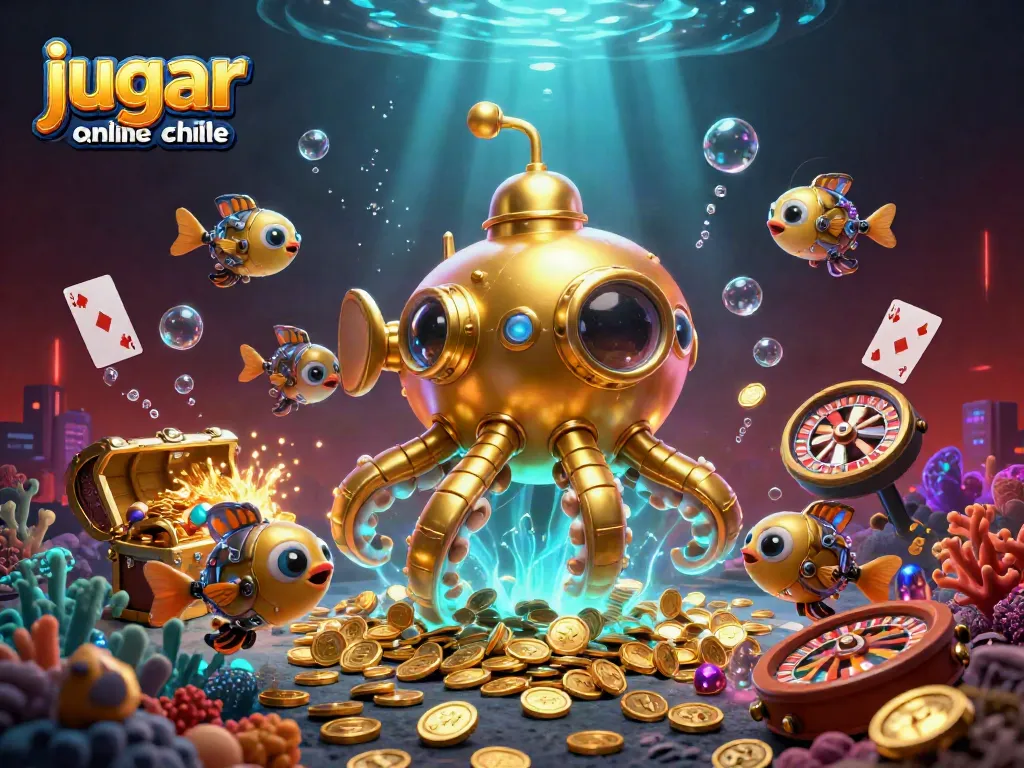 Jugar casino online chile en un entorno donde un kraken dorado y peces mecánicos emergen entre monedas.