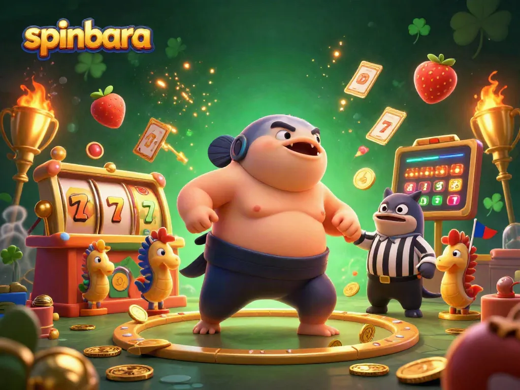 Spinbara showcases a lively underwater casino scene with a fugu and catfish referee amidst dynamic gaming elements.