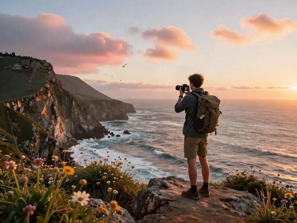El viajero contempla el ocaso en the-sierakaudalo, rodeado de naturaleza impresionante.