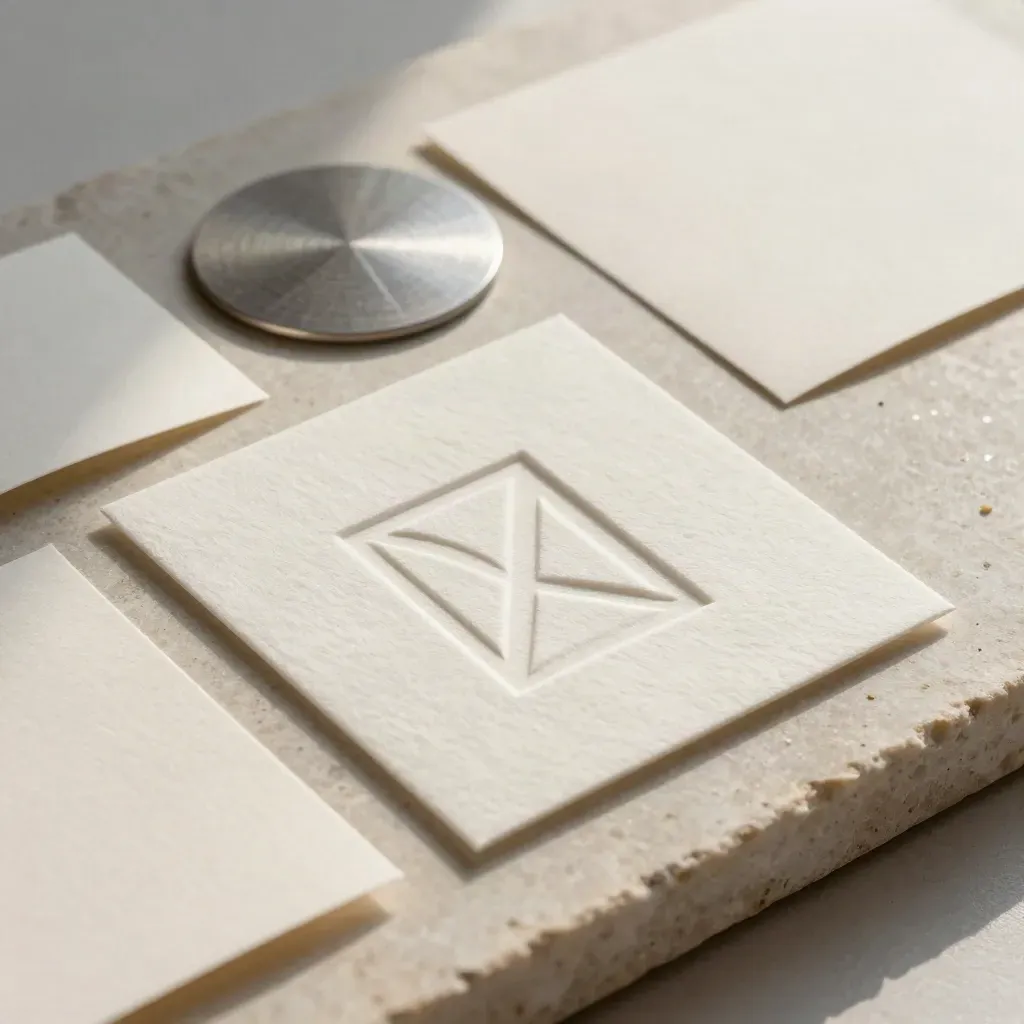 Maqueta de logo minimalista en papel algodonado con disco de metal sobre piedra clara.