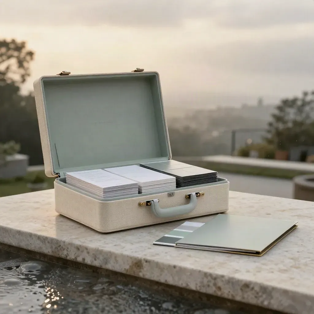 Estuche editorial de auditoría de marca abierto sobre pedestal de piedra, con tarjetas y luz suave.
