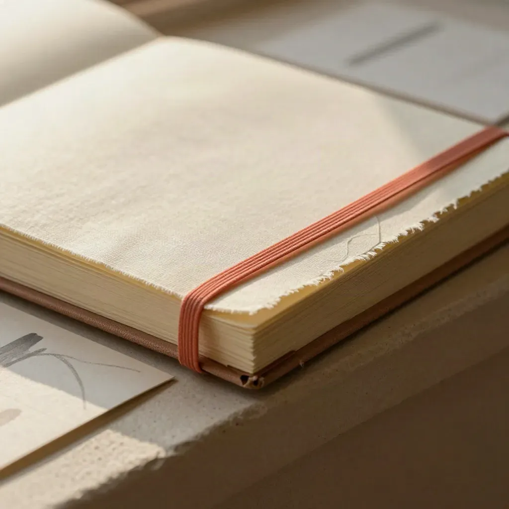 Cuaderno de tono en tela cruda con banda coral y tarjetas sobre un soporte claro.