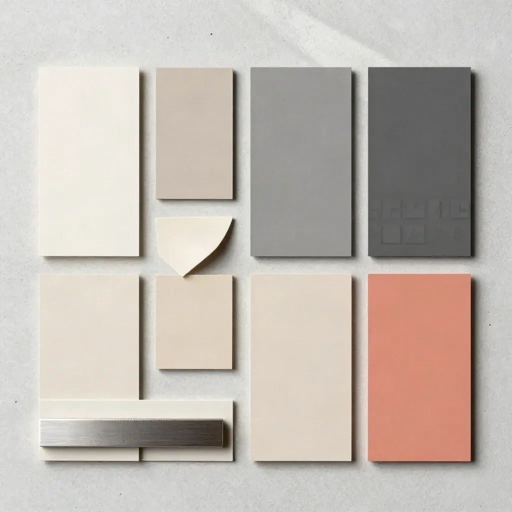 Tarjetas de paleta, muestras de papel y varilla sobre concreto claro.