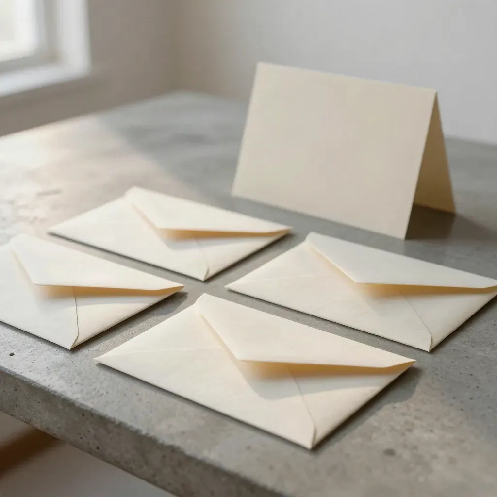 Tarjetas de naming, sobres y bandas de archivo sobre una mesa de piedra, en luz suave.