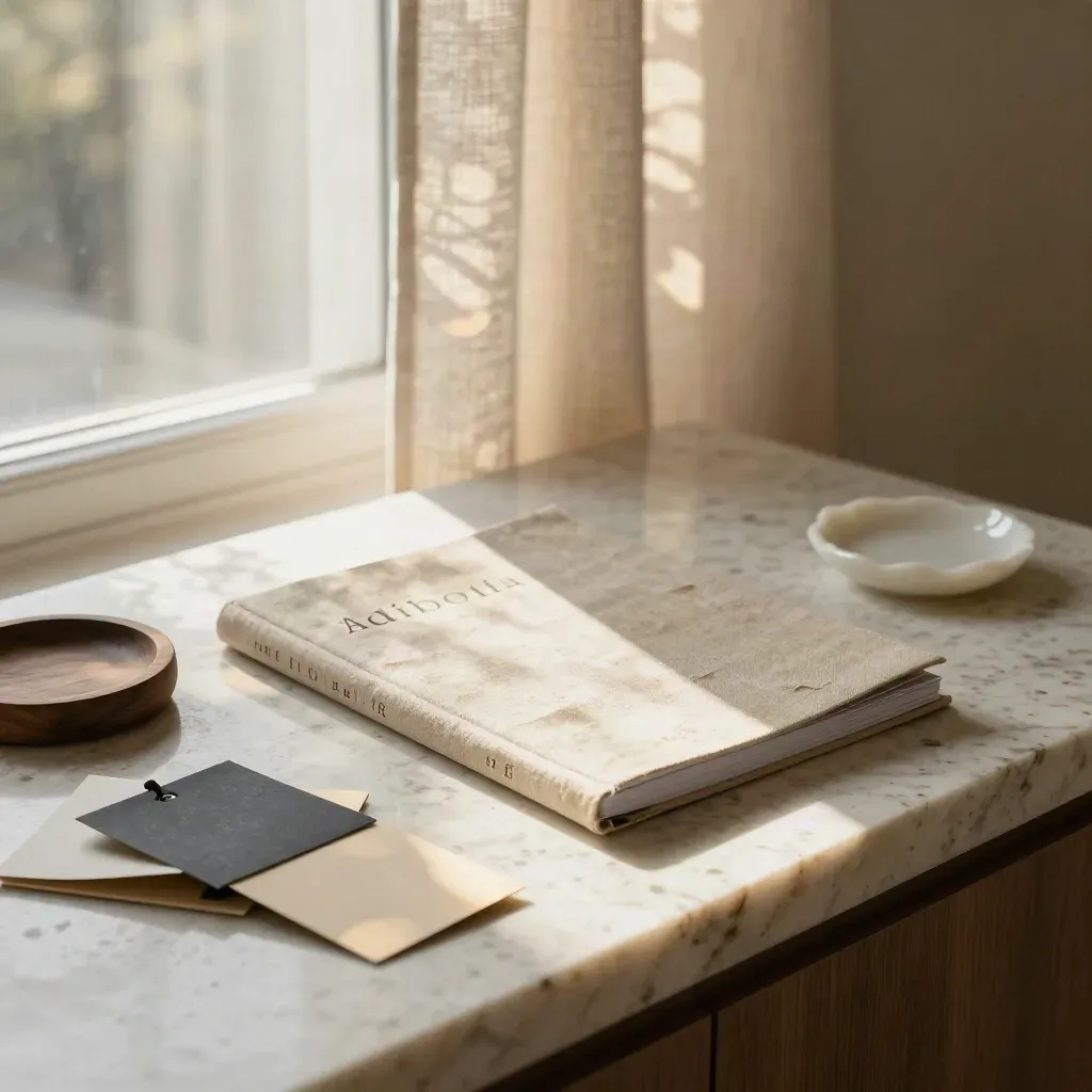 Encimera de travertino con carpeta de auditoría de marca, muestras y luz suave junto a una ventana.