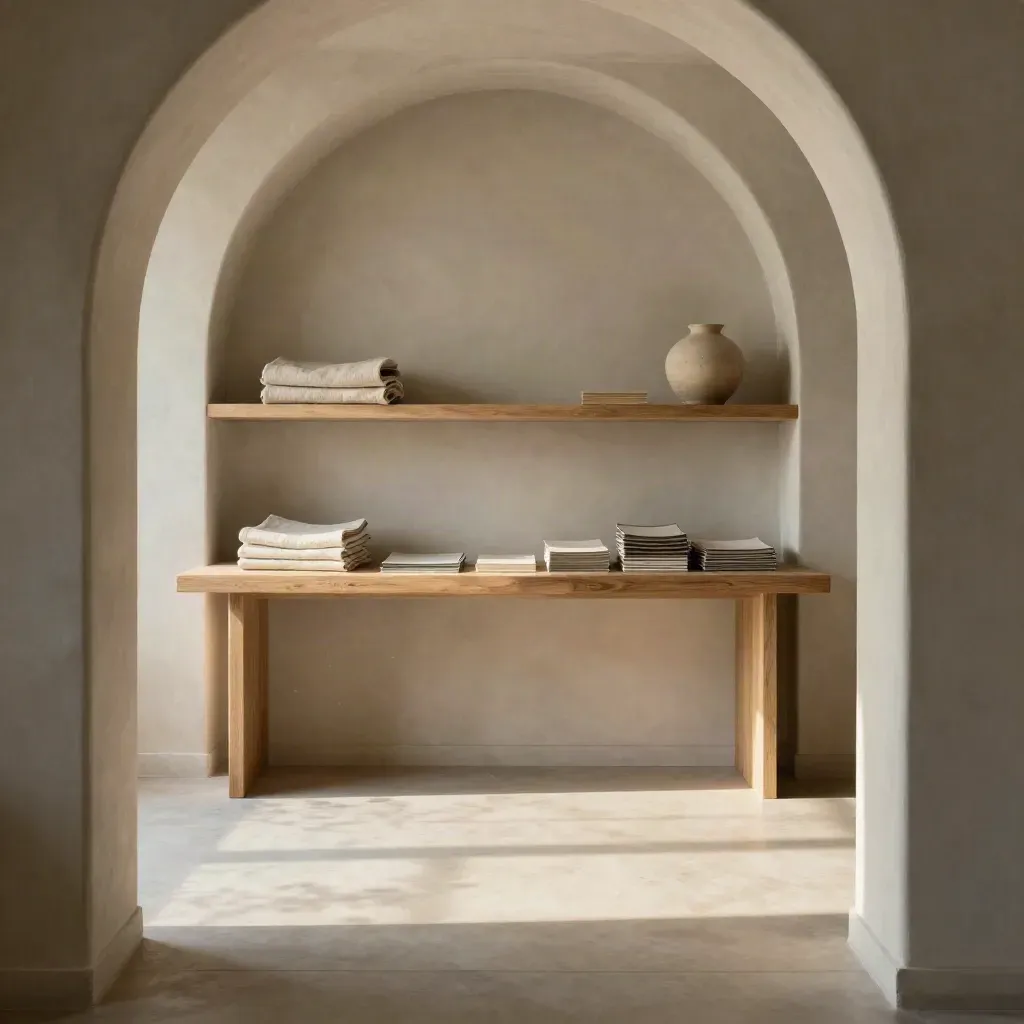 Sala editorial neutra con arco suave, estantería vacía y mesa de madera clara con luz lateral.