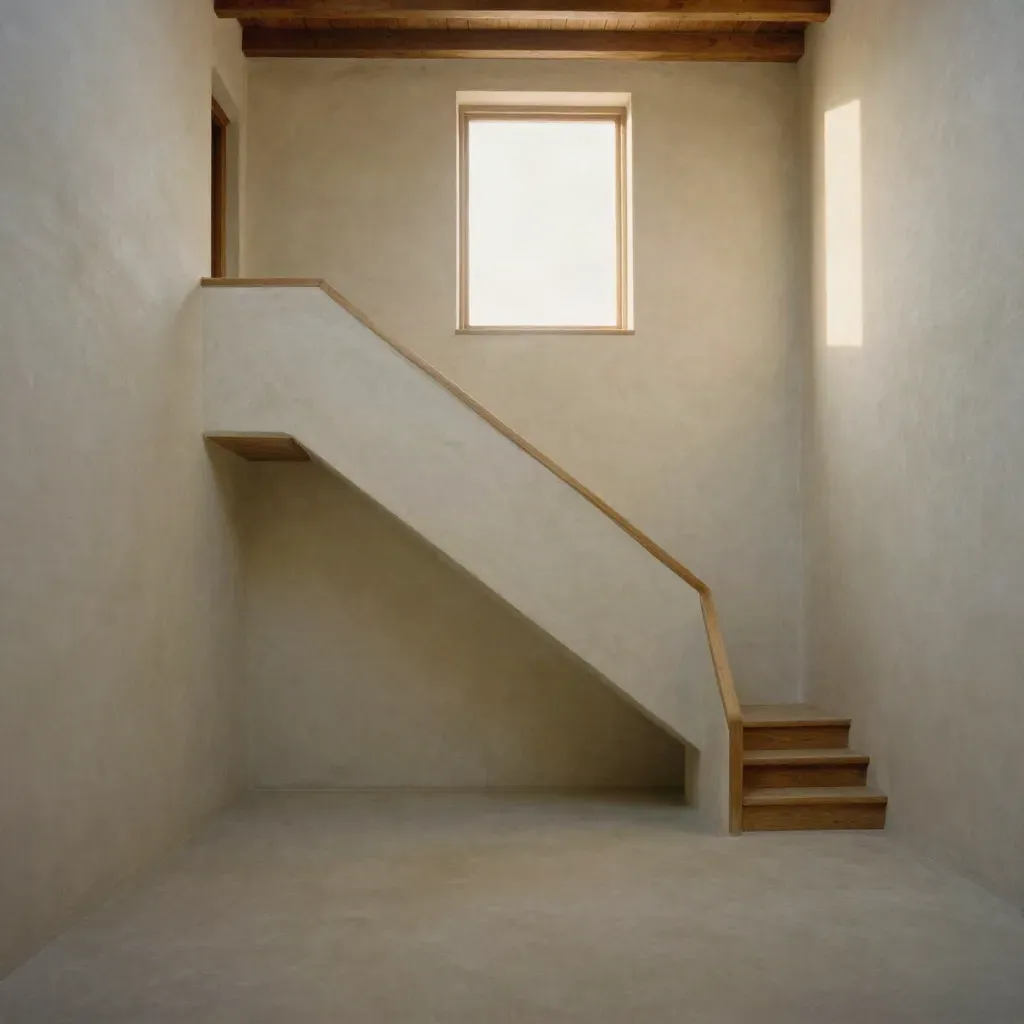 Patio de yeso y madera con escalera suave y ventana alta iluminada por el sol.