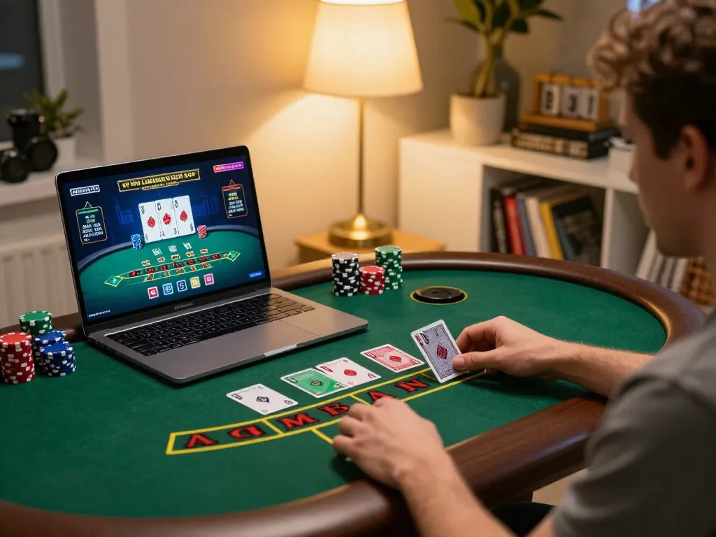 Player enjoying a strategic game on 78WIN online casino, engaged in blackjack with live dealer.