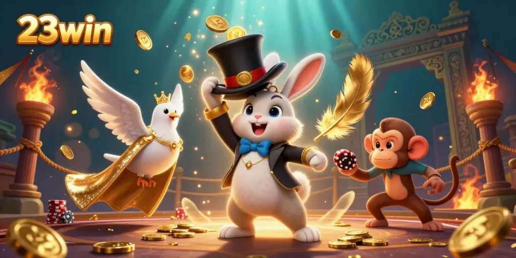 Experience thrilling gaming action with 23win in this vibrant casino illustration featuring magical creatures and dynamic game elements.
