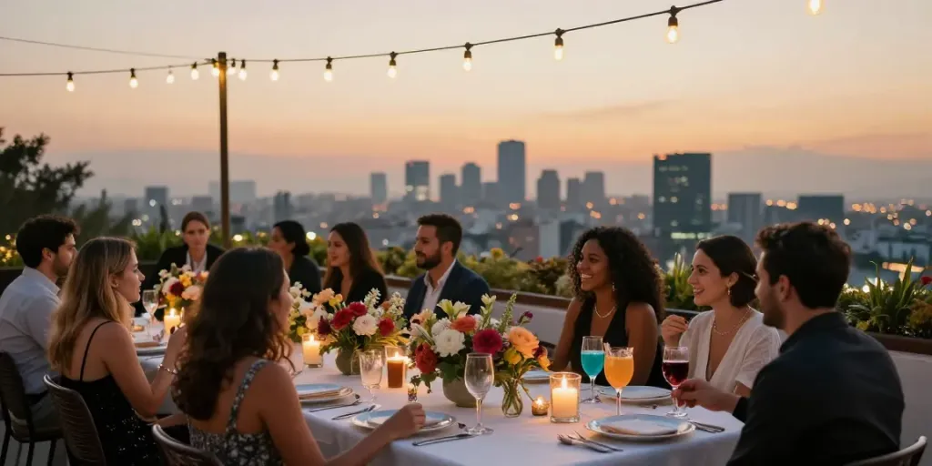 Ontspannen terras voor evenementen in CDMX met gasten, bloemen en kaarsen.