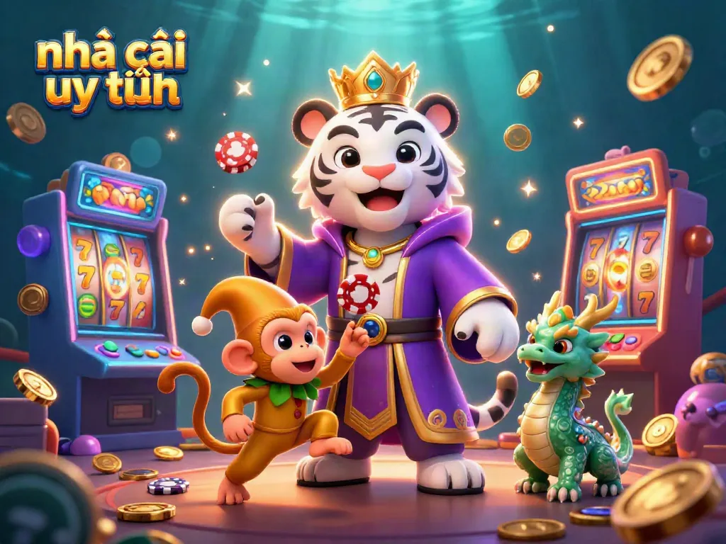 Engaging scene depicting nhà cái uy tín characters and slot machines showcasing casino vibrance and excitement.