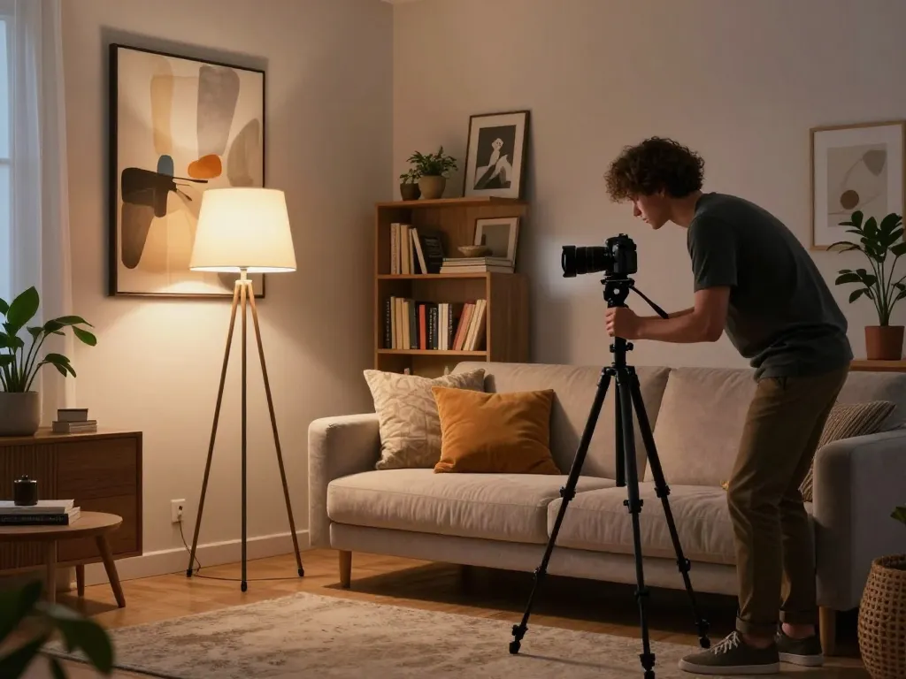 Escena creativa en el hogar con trípodes de iluminación realzando la decoración durante una configuración nocturna.