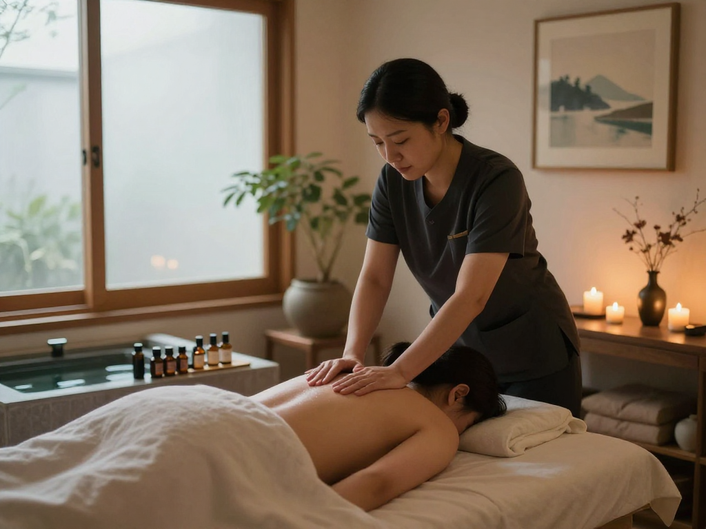 Relaxing massage therapy scene showcasing 안산출장안마 in a serene spa environment with warm lighting and soothing elements.