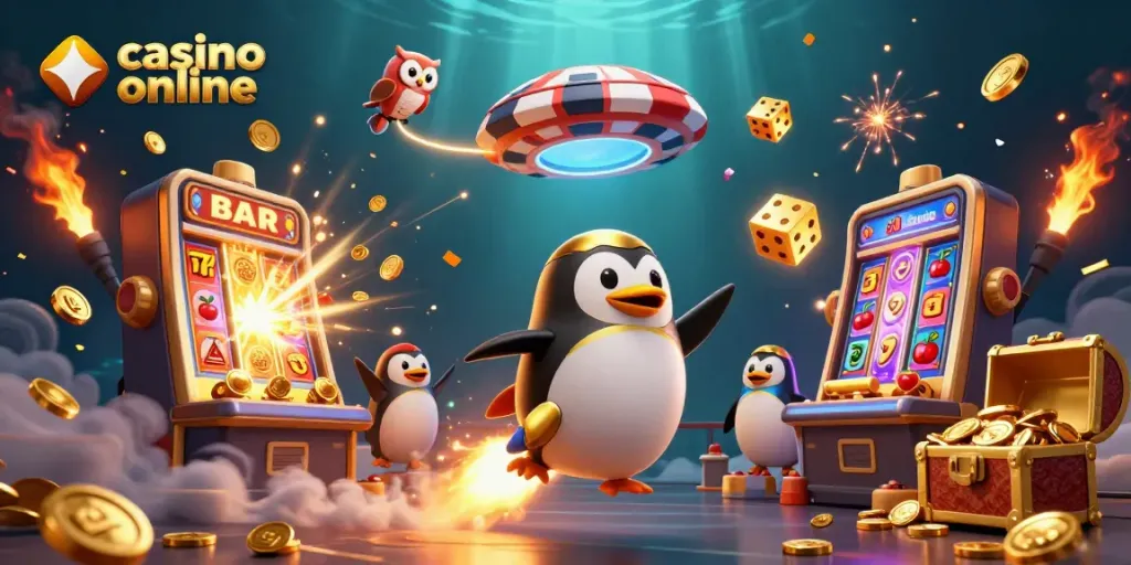 Disfruta del casino online con un pingüino dorado y emocionantes jackpots en acción.