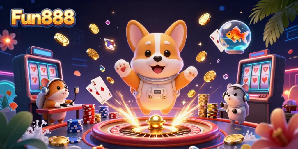 Engage in exciting gaming with Fun888 as colorful coins and cards float in a cosmic casino scene.