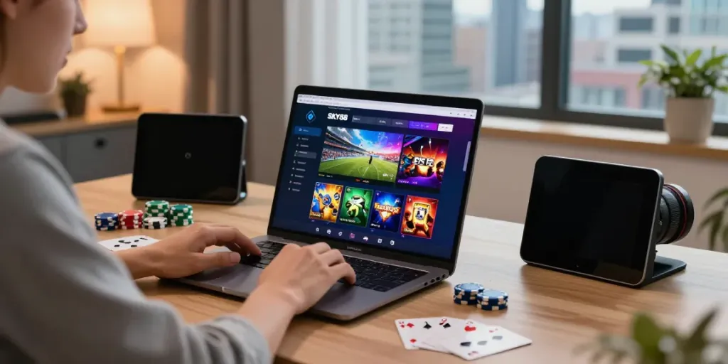 Player engaging with SKY88 gaming platform in a cozy workspace.