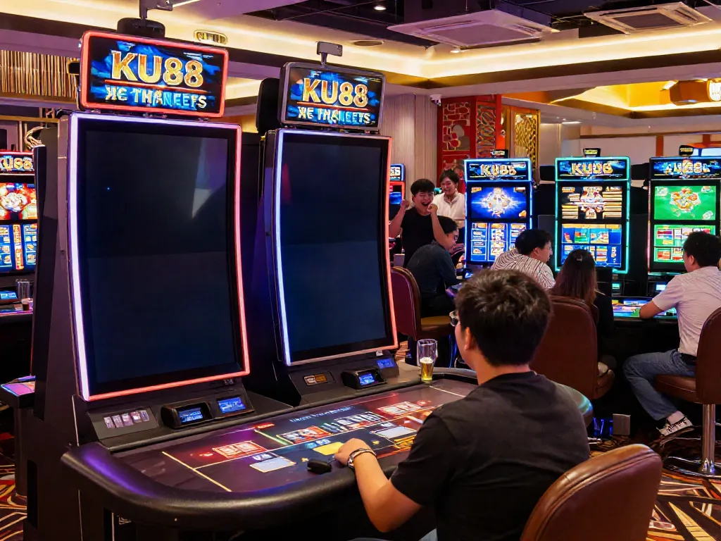KU88 vibrant online casino gaming scene with players enjoying live dealer tables and slot machines.