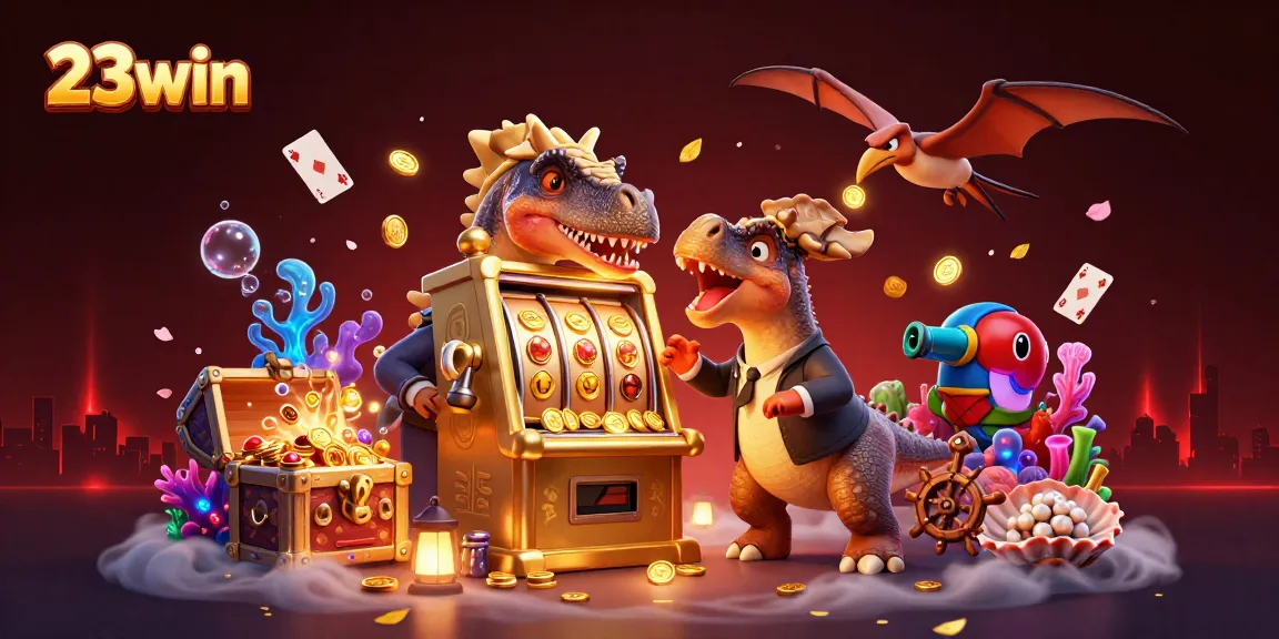 23win players enjoying a dynamic casino experience with thrilling jackpots and lively characters.