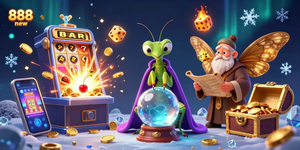 Experience the magic of 888new with a vibrant 3D casino scene bursting with slot machine excitement and mystical characters.