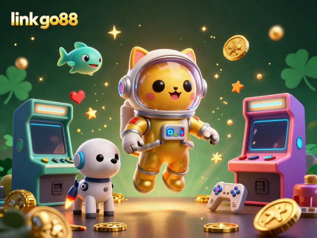 Win big with link go88 in this vibrant illustration featuring a cartoon astronaut cat and alien elements in a casino setting.