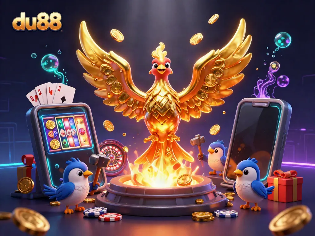 Experience winnings with du88 in a vibrant 3D digital illustration featuring a golden phoenix and casino elements.