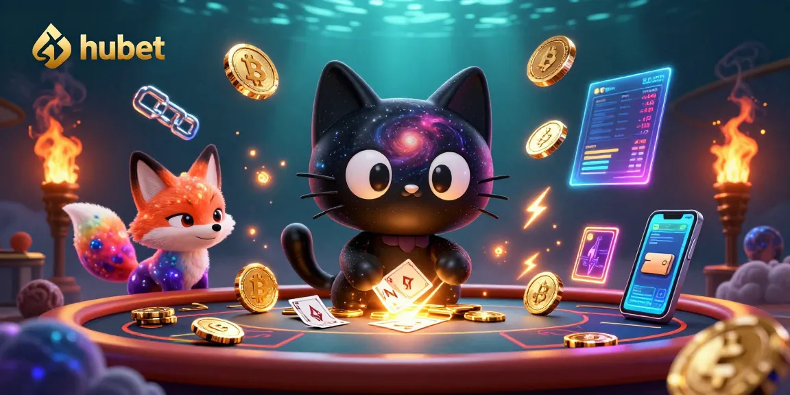 Experience thrilling wins at hubet with a cartoon cosmic casino illustration featuring unique gaming elements.