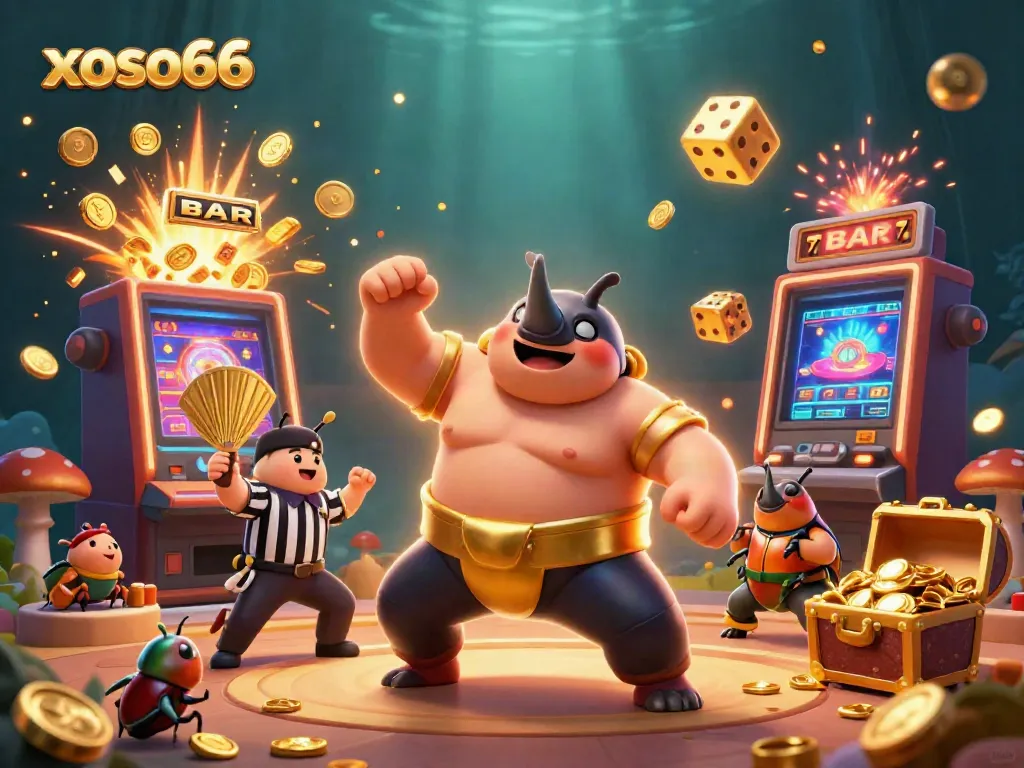 Experience the excitement of xoso66 with vibrant casino elements and characters celebrating a big win.