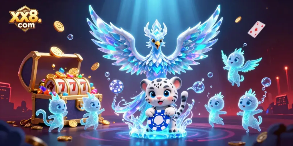 Engage with the vibrant world of xx8. com, featuring ice phoenix and snow leopard amidst slot games.