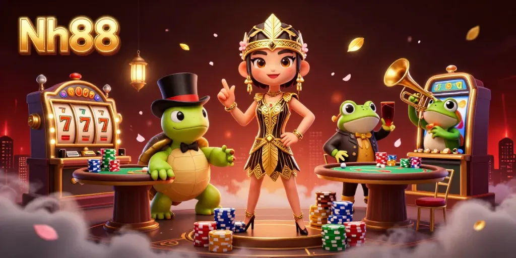 Engaging scene of Nh88 characters enjoying casino games, highlighting vibrant slots and poker.