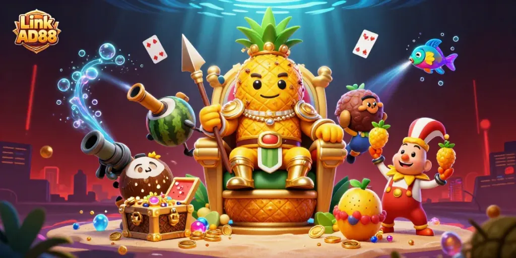 Win exciting rewards at Link AD88 with a vibrant and dynamic casino scene featuring a golden pineapple king and playful characters.
