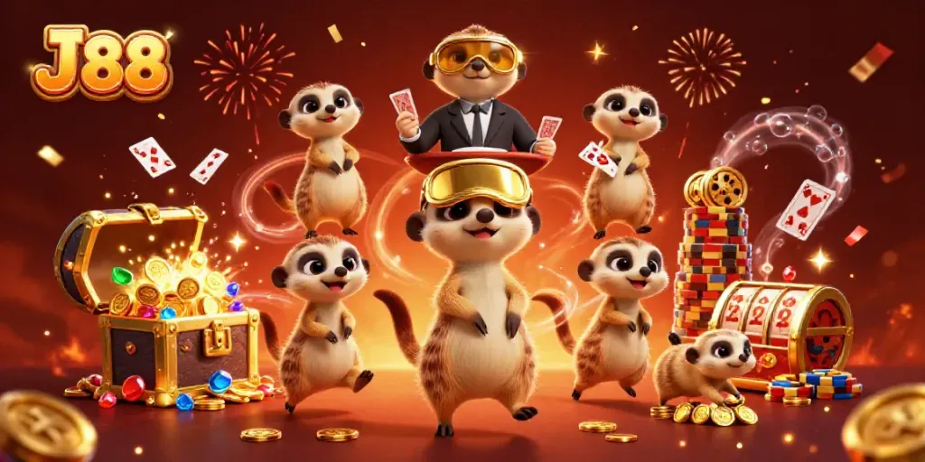 Experience thrilling gameplay at J 88 casino with lively meerkats managing games amidst vibrant celebrations.