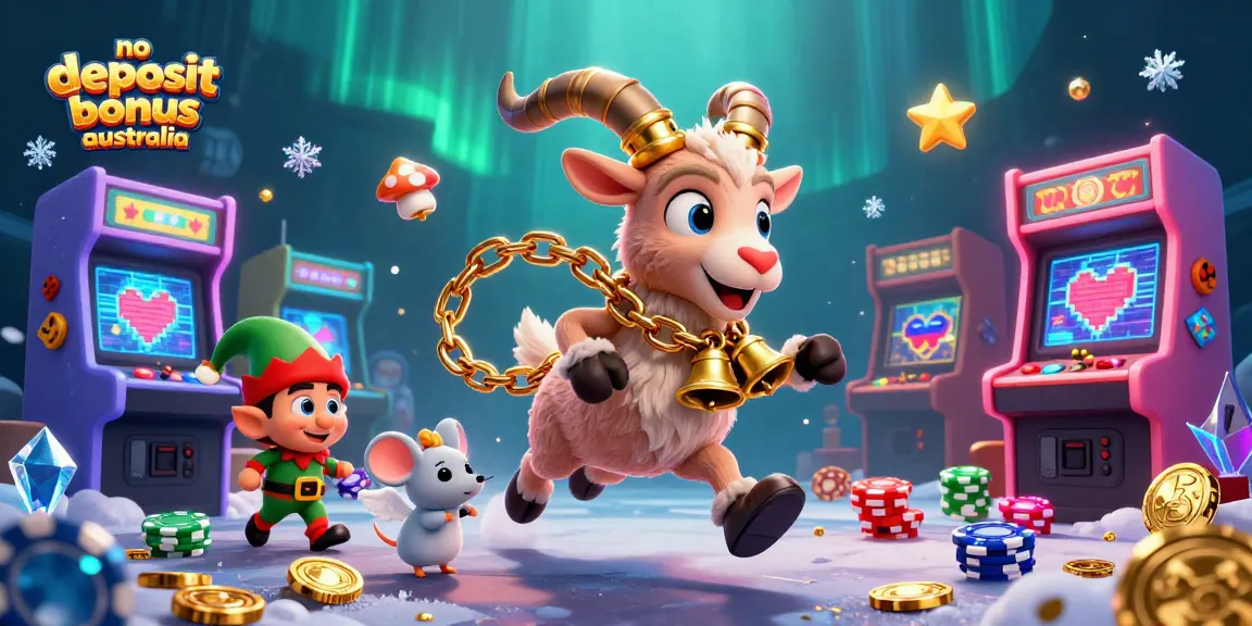 Experience the thrill of no deposit bonus australia with a festive casino illustration featuring Krampus and playful characters.