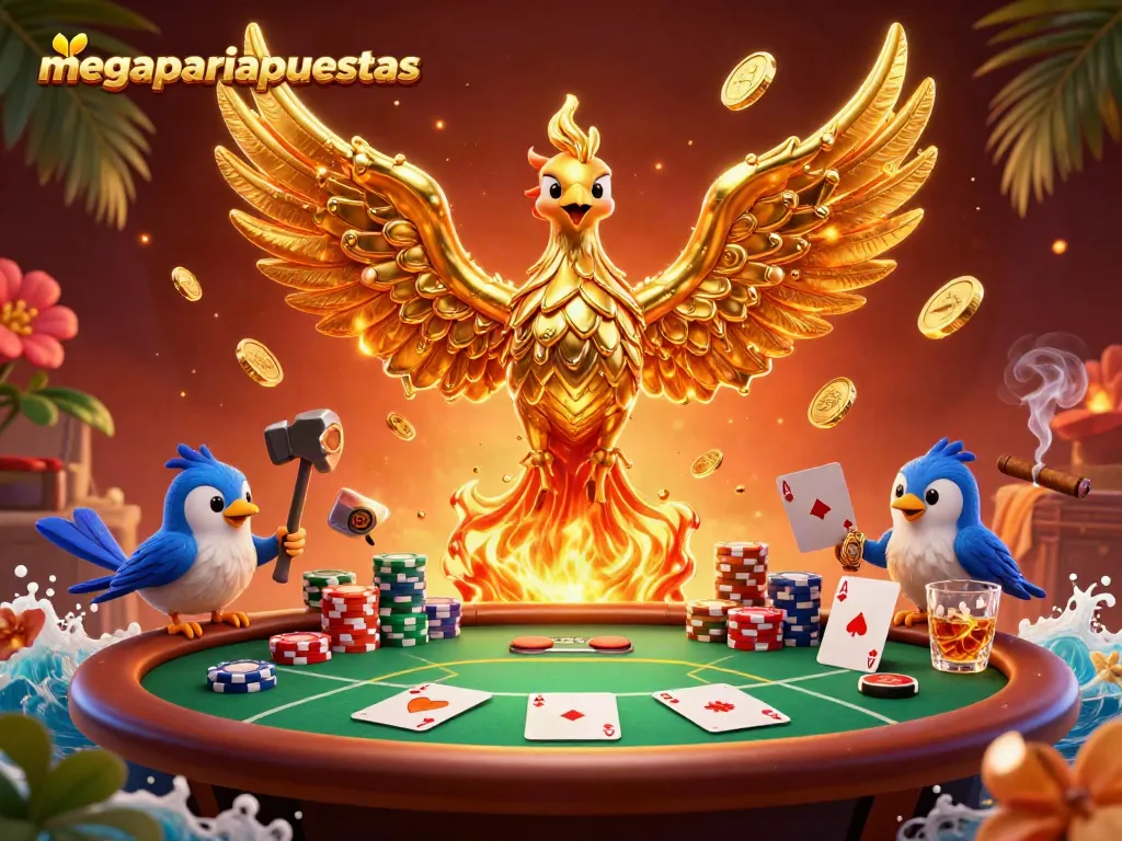 Apuesta en MegaPari con un fénix dorado y mesas de póker en 3D