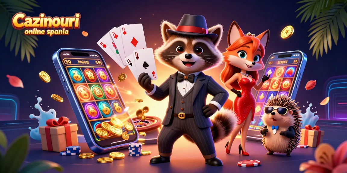 Cazinouri online spania showcasing a vibrant scene with characters playing card games and slot machines amidst dynamic casino elements.