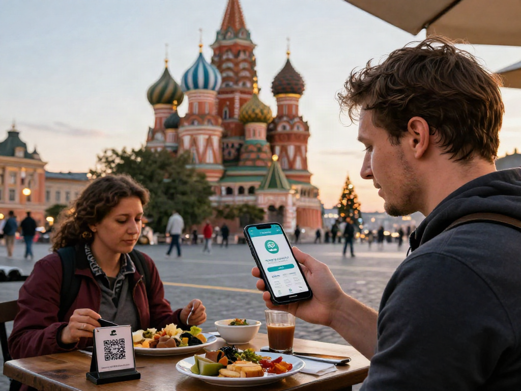 Un viajero disfrutando en una plaza rusa mientras utiliza https://payinrussia.com/ para realizar un pago, con un ambiente vibrante y arquitectónico.