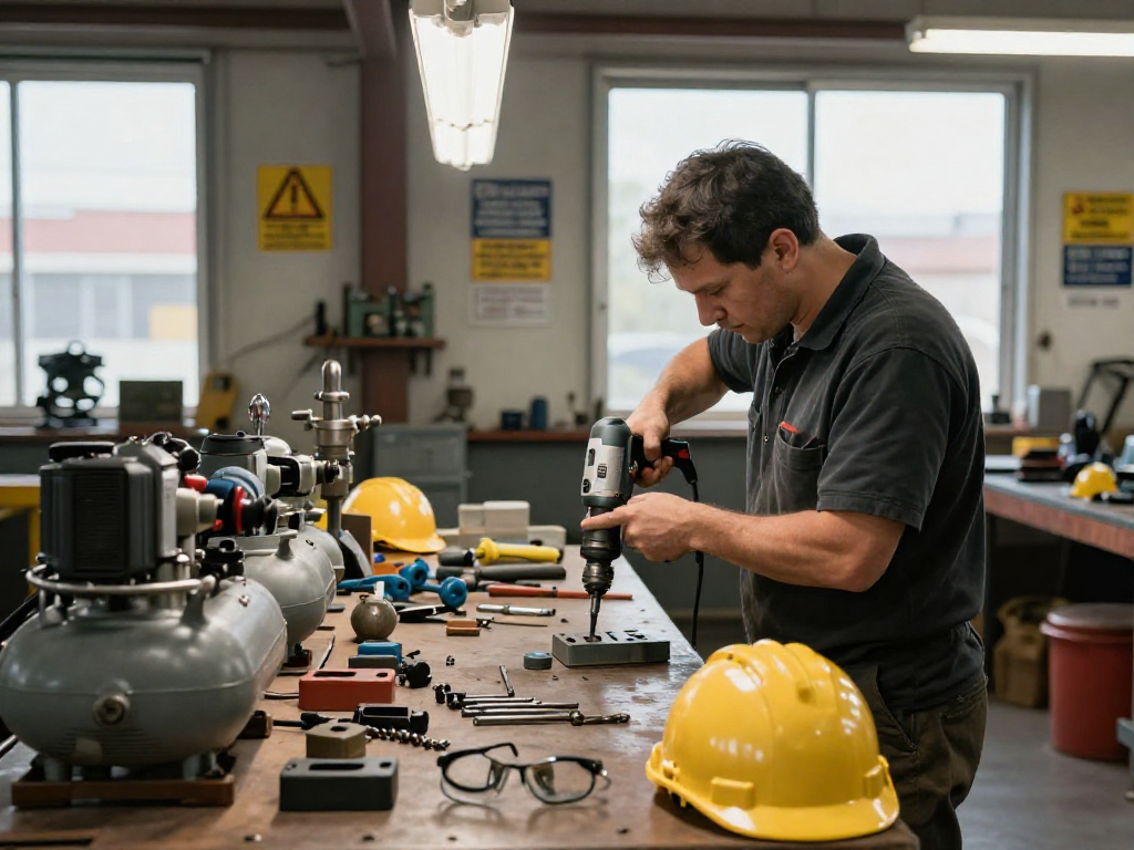 Uso de taladros neumáticos por técnico en taller industrial, herramientas neumáticas visibles en el entorno de trabajo.