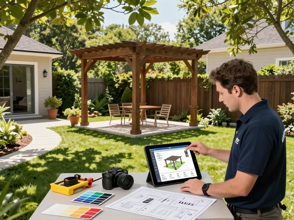 Instalador usando software para instaladores de pérgolas en un vibrante entorno de jardín, interactuando con herramientas de diseño 3D y materiales.