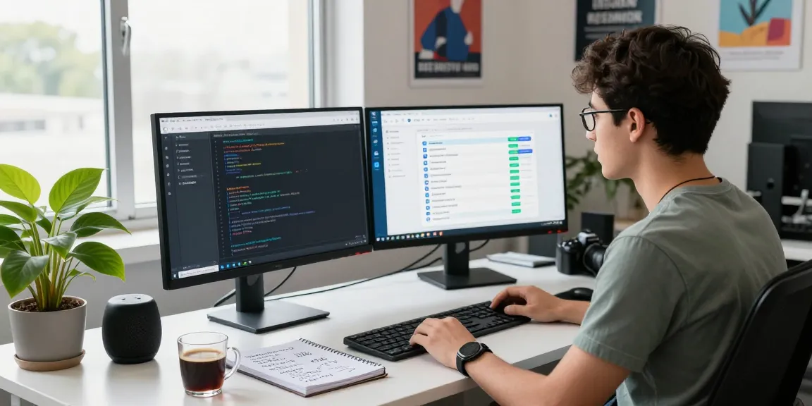 Dynamic workspace featuring Telegram网页版 on dual monitors, coding and collaboration tools, showcasing modern tech innovation.