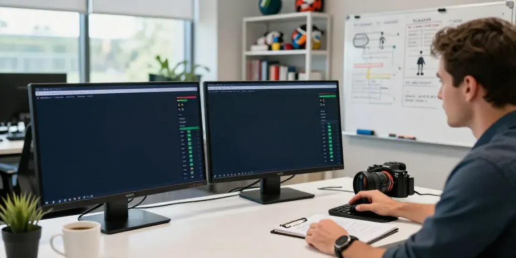 Analista de tenis utilizando tecnología avanzada para pronóstico tenis en un entorno de trabajo moderno.
